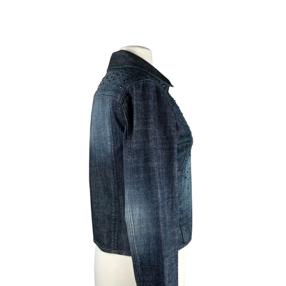Chico’s Platinum Black Denim Distressed Jacket Black Rhinestones Size Small NEW - Picture 14 of 14